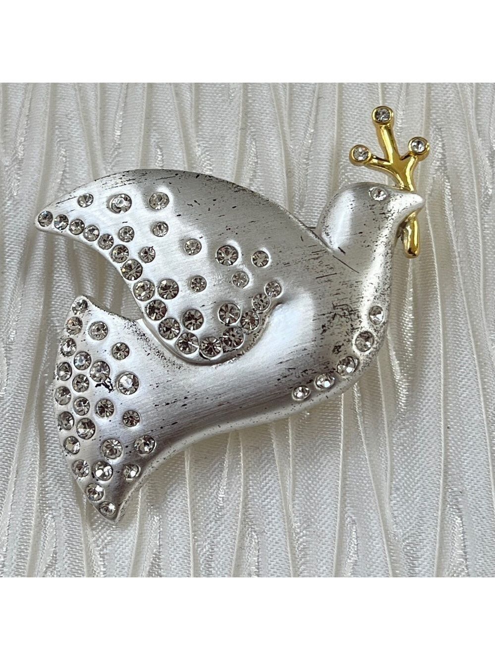 PEACE DOVE Silver Tone Brooch Gold Tone Olive Branch Sparkly Crystal Detail